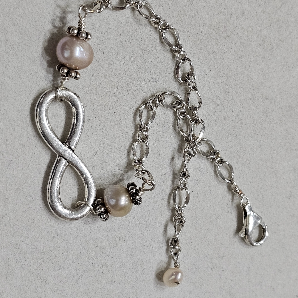 Pearl and 925 Silver Figaro Chain Bracelet Vintage - Picture 7 of 13
